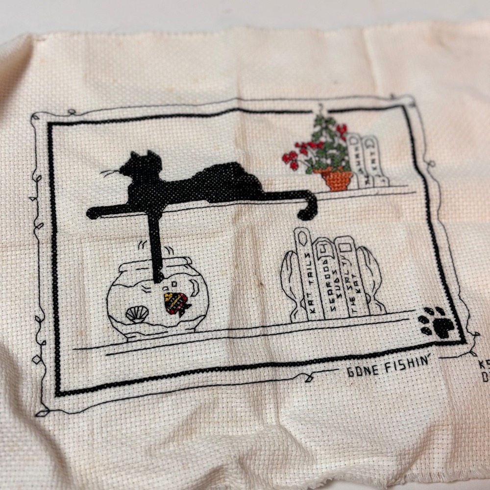 Vintage Handmade Cross Stitch Black Cat Goldfish Gone Fishin Wall Art Cat 12x9